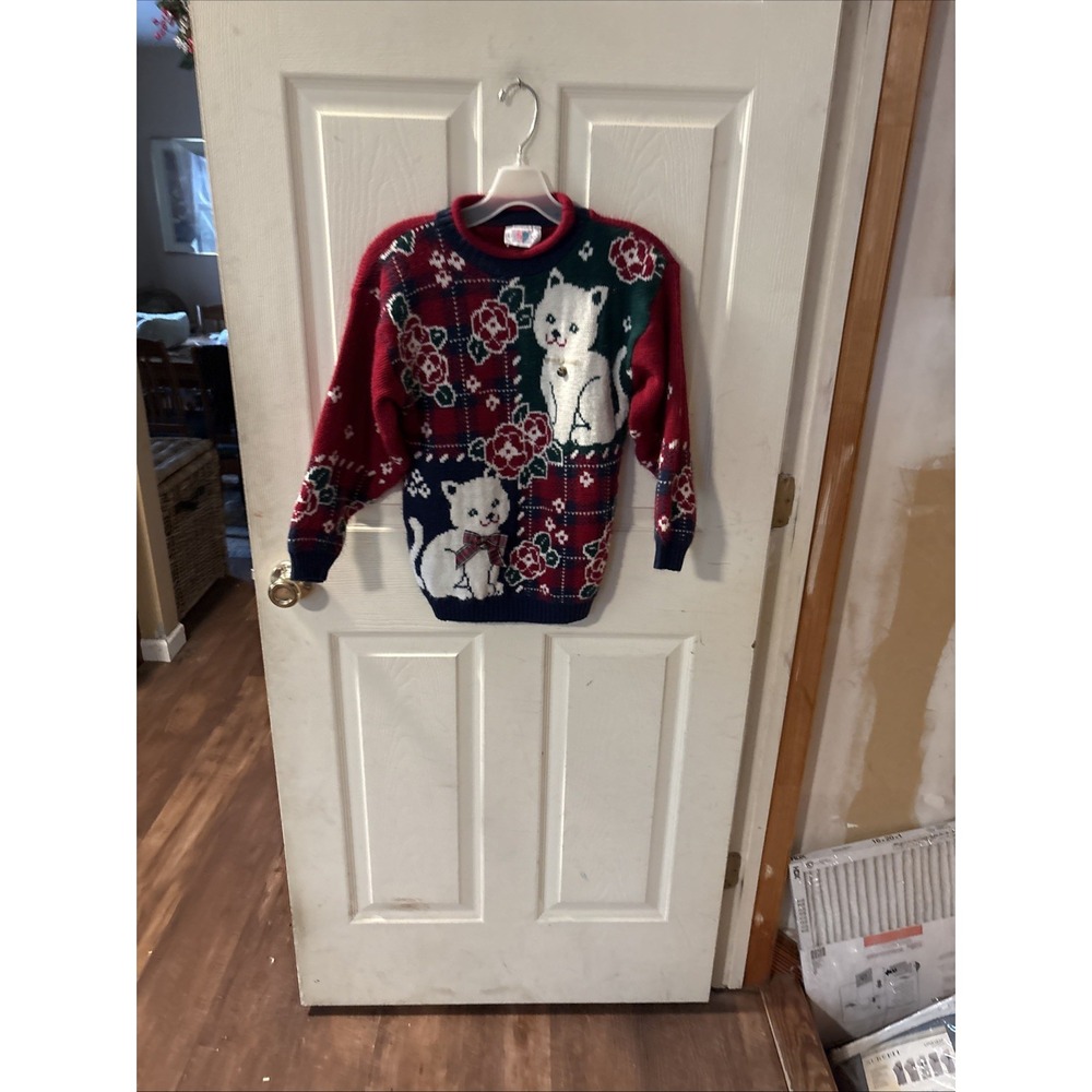 Vintage Heartworks Kitten Knit Sweater Womens 10/12 Red Plaid Cat Rose USA Made
